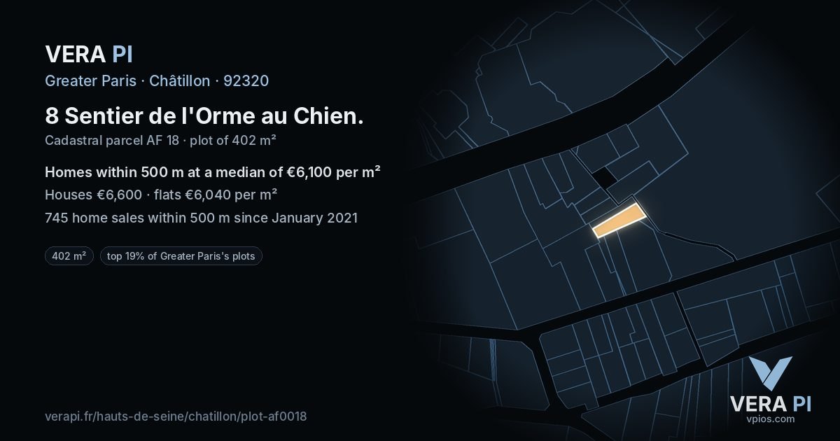 8 Sentier de l'Orme au Chien, Châtillon at night – the plot lit, the parcels around coloured by the prices near them