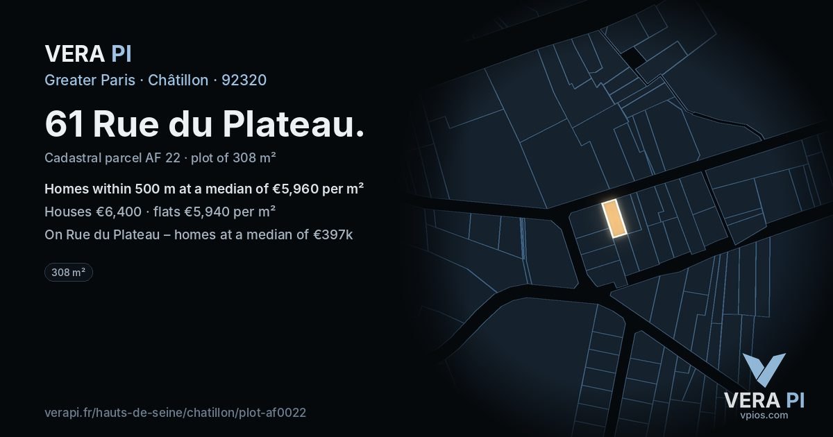 61 Rue du Plateau, Châtillon at night – the plot lit, the parcels around coloured by the prices near them