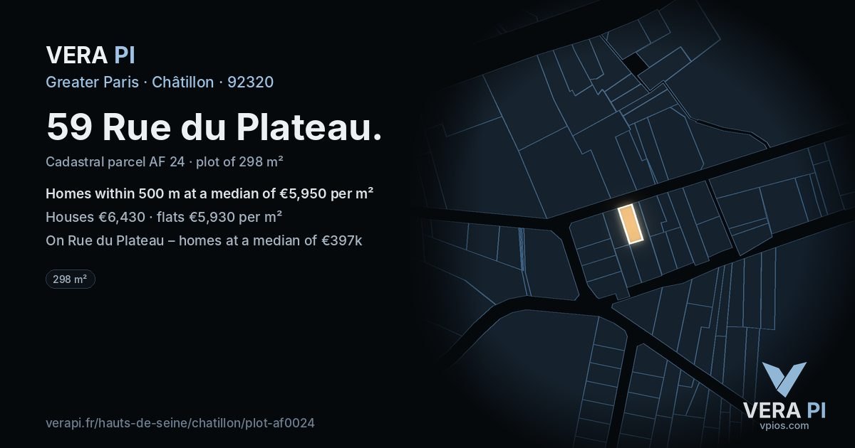 59 Rue du Plateau, Châtillon at night – the plot lit, the parcels around coloured by the prices near them