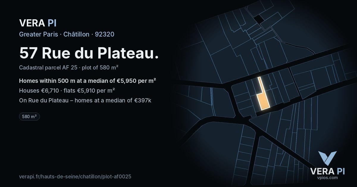 57 Rue du Plateau, Châtillon at night – the plot lit, the parcels around coloured by the prices near them