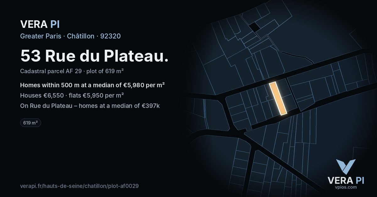 53 Rue du Plateau, Châtillon at night – the plot lit, the parcels around coloured by the prices near them