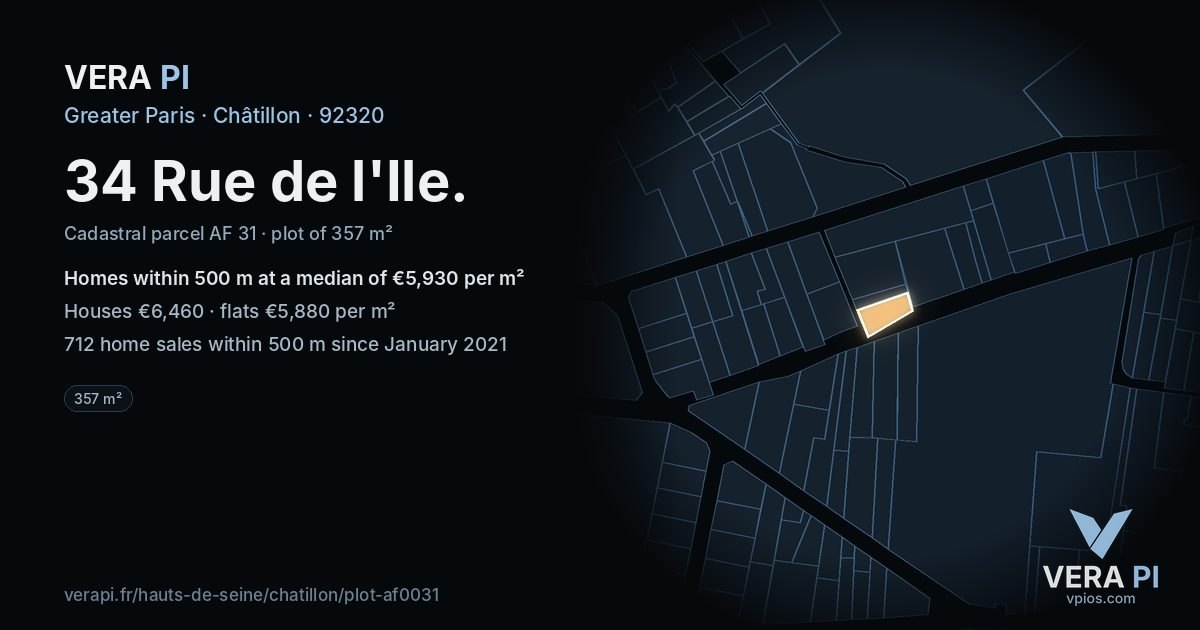 34 Rue de l'Ile, Châtillon at night – the plot lit, the parcels around coloured by the prices near them