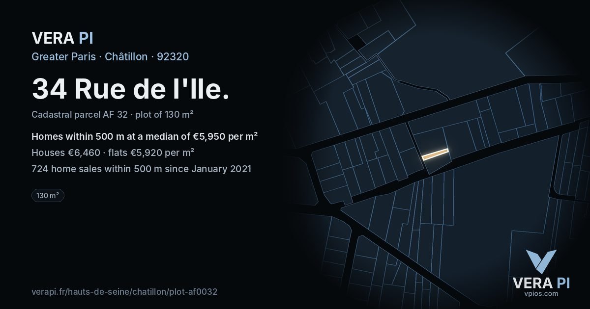 34 Rue de l'Ile, Châtillon at night – the plot lit, the parcels around coloured by the prices near them
