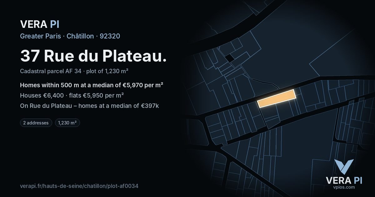 37 Rue du Plateau, Châtillon at night – the plot lit, the parcels around coloured by the prices near them