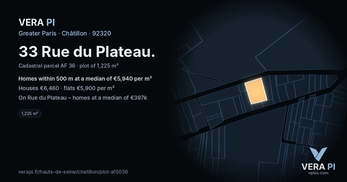 33 Rue du Plateau, Châtillon at night – the plot lit, the parcels around coloured by the prices near them