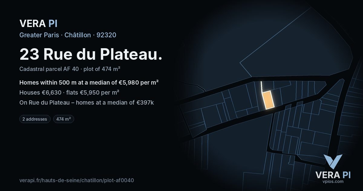23 Rue du Plateau, Châtillon at night – the plot lit, the parcels around coloured by the prices near them
