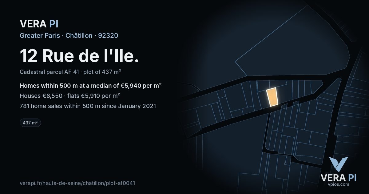 12 Rue de l'Ile, Châtillon at night – the plot lit, the parcels around coloured by the prices near them