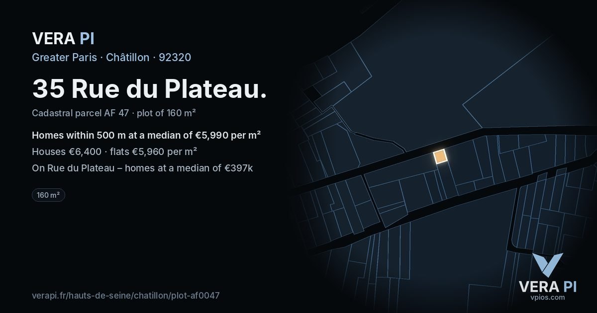 35 Rue du Plateau, Châtillon at night – the plot lit, the parcels around coloured by the prices near them