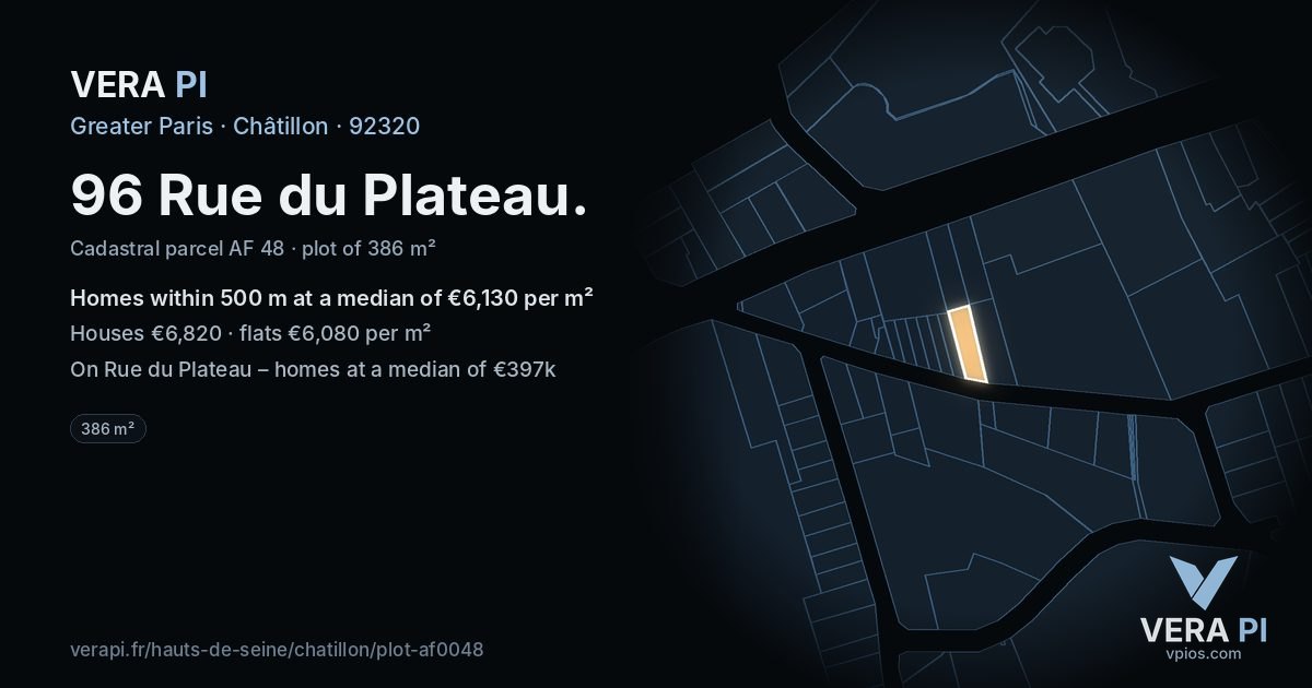 96 Rue du Plateau, Châtillon at night – the plot lit, the parcels around coloured by the prices near them