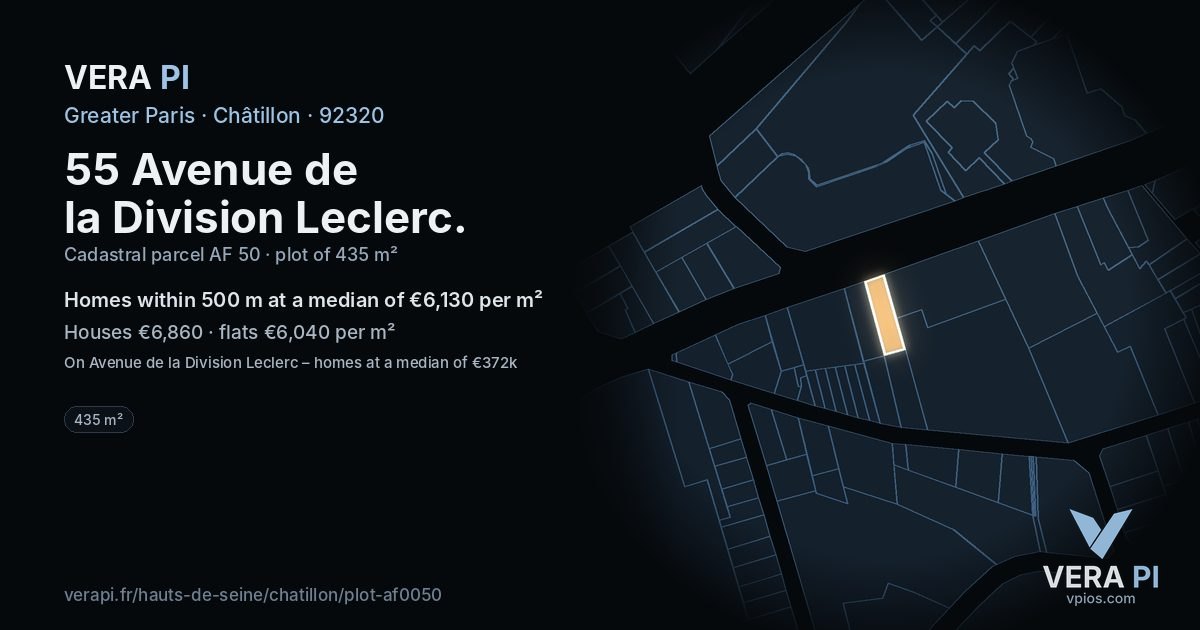 55 Avenue de la Division Leclerc, Châtillon at night – the plot lit, the parcels around coloured by the prices near them