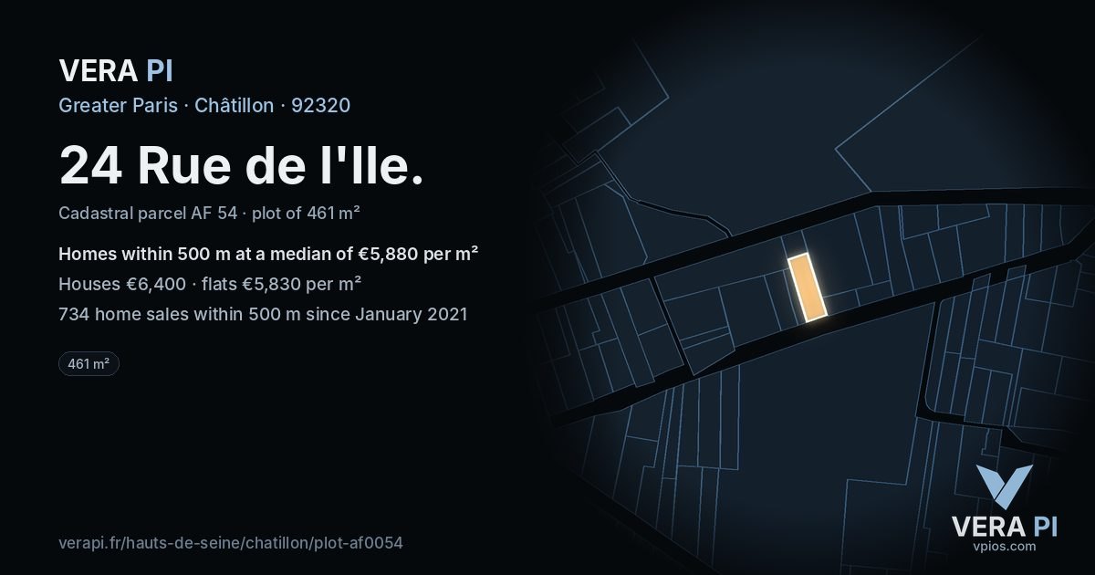24 Rue de l'Ile, Châtillon at night – the plot lit, the parcels around coloured by the prices near them