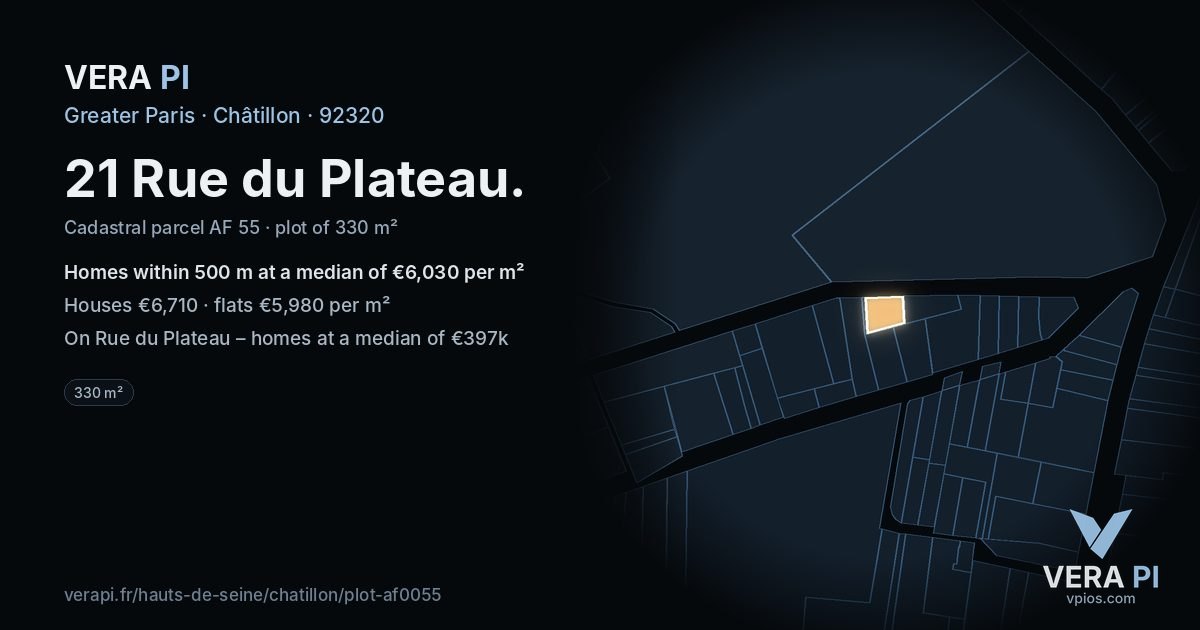 21 Rue du Plateau, Châtillon at night – the plot lit, the parcels around coloured by the prices near them