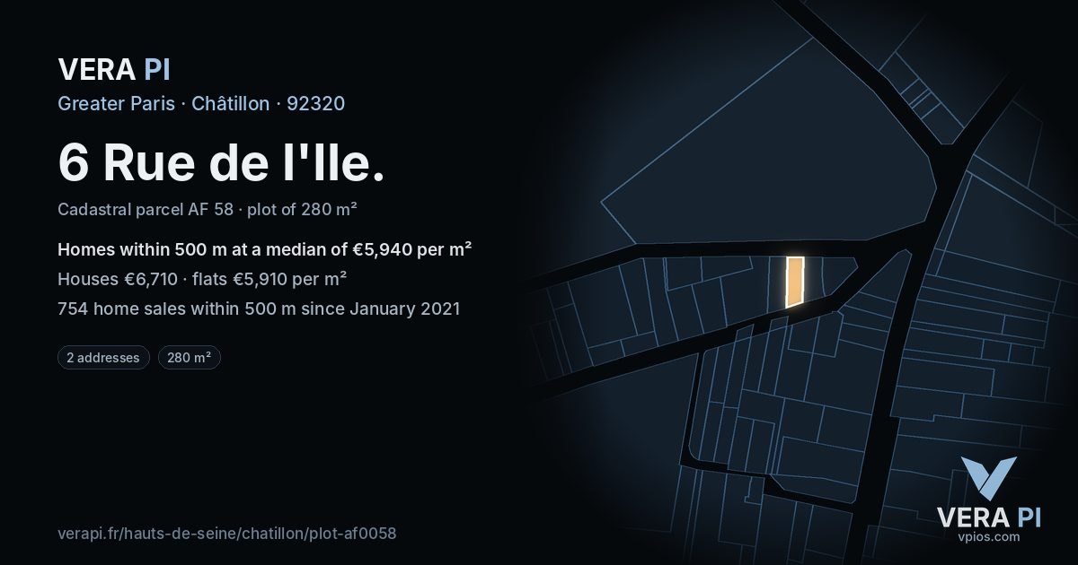 6 Rue de l'Ile, Châtillon at night – the plot lit, the parcels around coloured by the prices near them