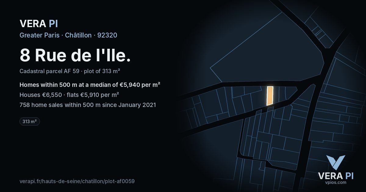 8 Rue de l'Ile, Châtillon at night – the plot lit, the parcels around coloured by the prices near them