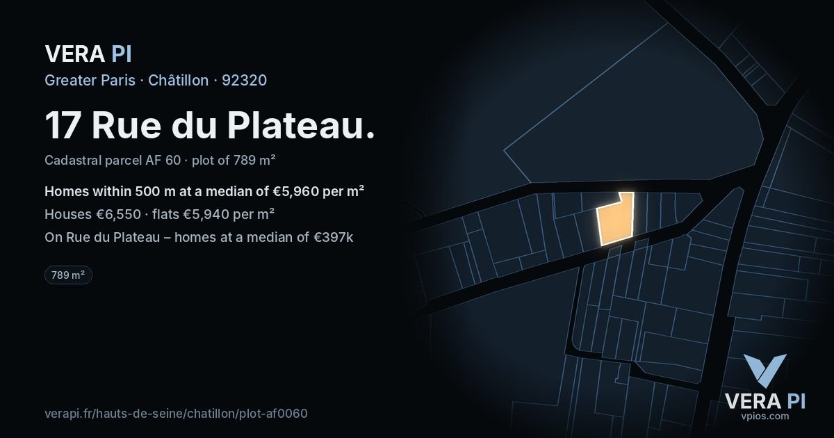 17 Rue du Plateau, Châtillon at night – the plot lit, the parcels around coloured by the prices near them