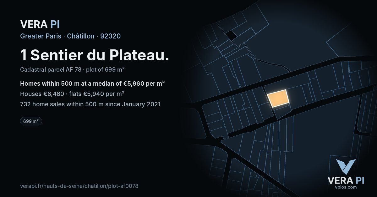 1 Sentier du Plateau, Châtillon at night – the plot lit, the parcels around coloured by the prices near them