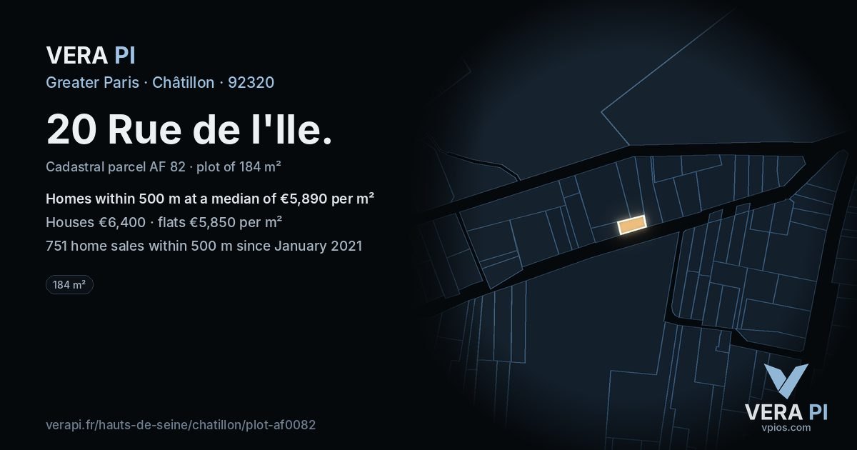 20 Rue de l'Ile, Châtillon at night – the plot lit, the parcels around coloured by the prices near them