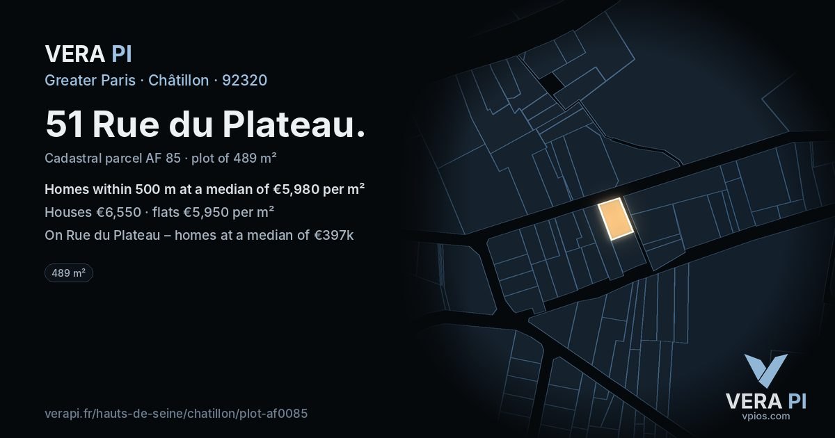 51 Rue du Plateau, Châtillon at night – the plot lit, the parcels around coloured by the prices near them