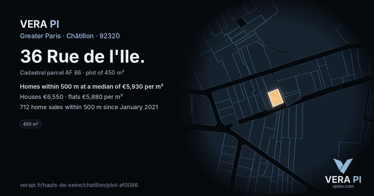 36 Rue de l'Ile, Châtillon at night – the plot lit, the parcels around coloured by the prices near them