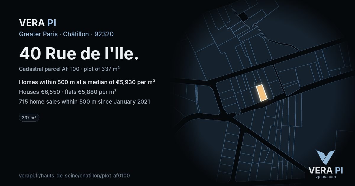 40 Rue de l'Ile, Châtillon at night – the plot lit, the parcels around coloured by the prices near them