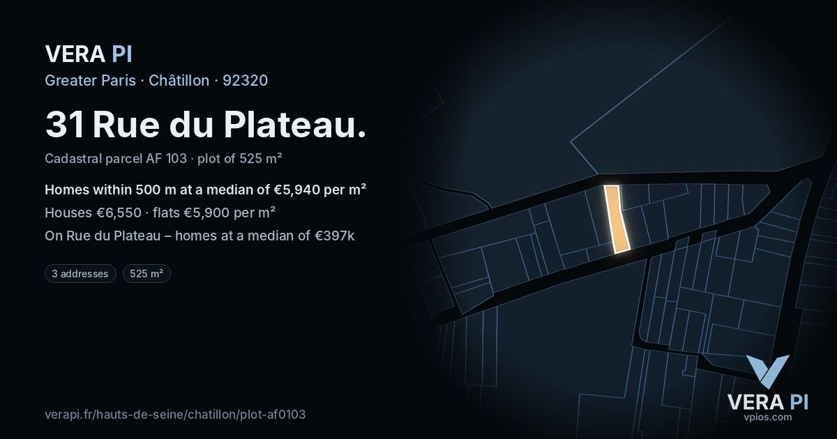 31 Rue du Plateau, Châtillon at night – the plot lit, the parcels around coloured by the prices near them