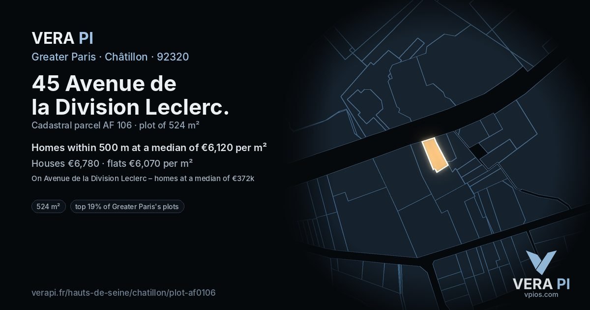 45 Avenue de la Division Leclerc, Châtillon at night – the plot lit, the parcels around coloured by the prices near them