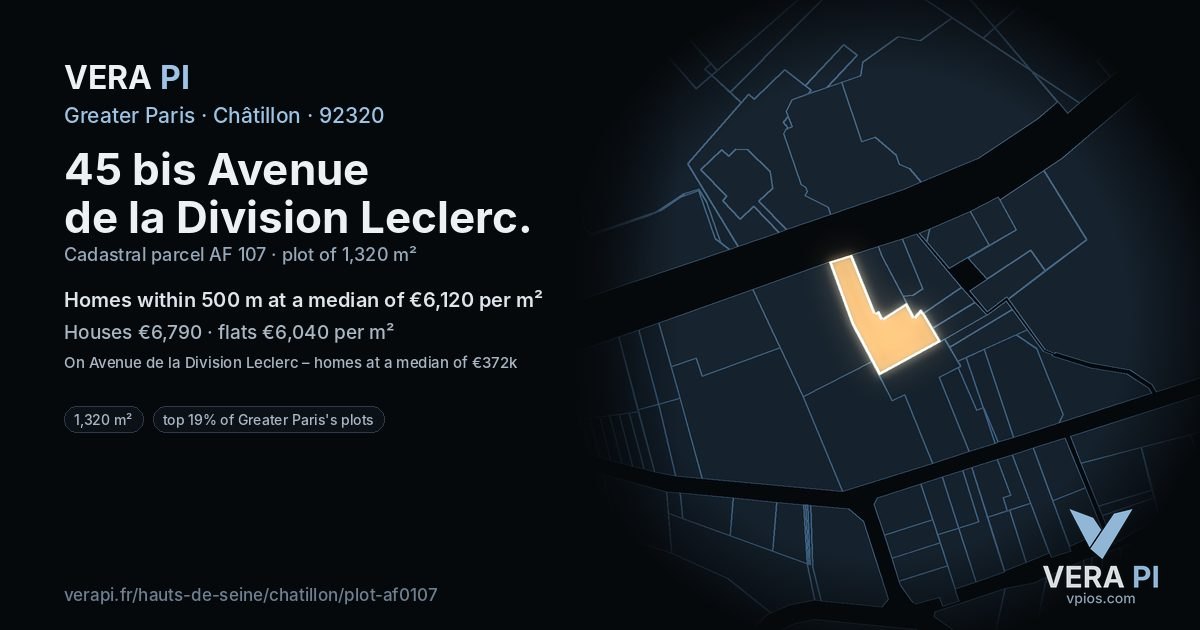 45 bis Avenue de la Division Leclerc, Châtillon at night – the plot lit, the parcels around coloured by the prices near them