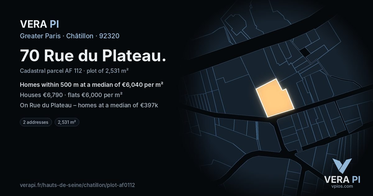 70 Rue du Plateau, Châtillon at night – the plot lit, the parcels around coloured by the prices near them