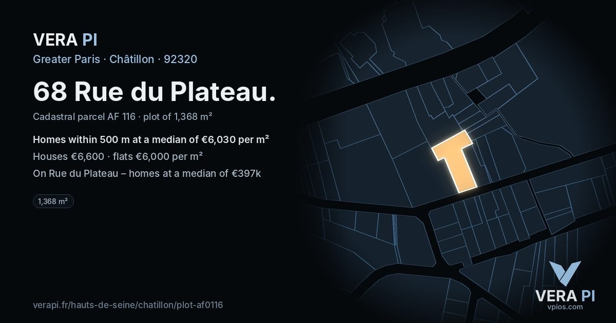 68 Rue du Plateau, Châtillon at night – the plot lit, the parcels around coloured by the prices near them