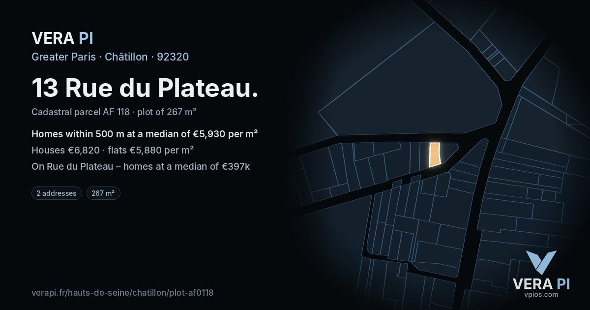 13 Rue du Plateau, Châtillon at night – the plot lit, the parcels around coloured by the prices near them