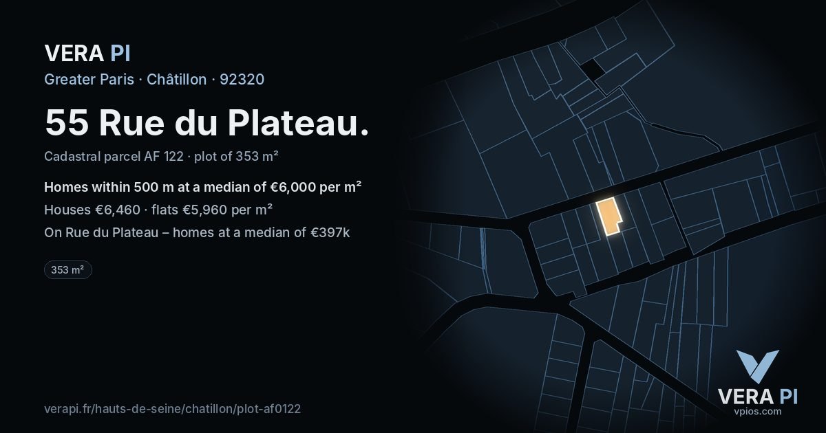 55 Rue du Plateau, Châtillon at night – the plot lit, the parcels around coloured by the prices near them