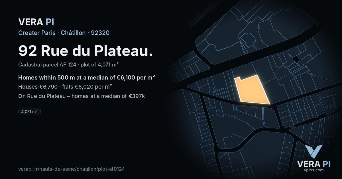 92 Rue du Plateau, Châtillon at night – the plot lit, the parcels around coloured by the prices near them