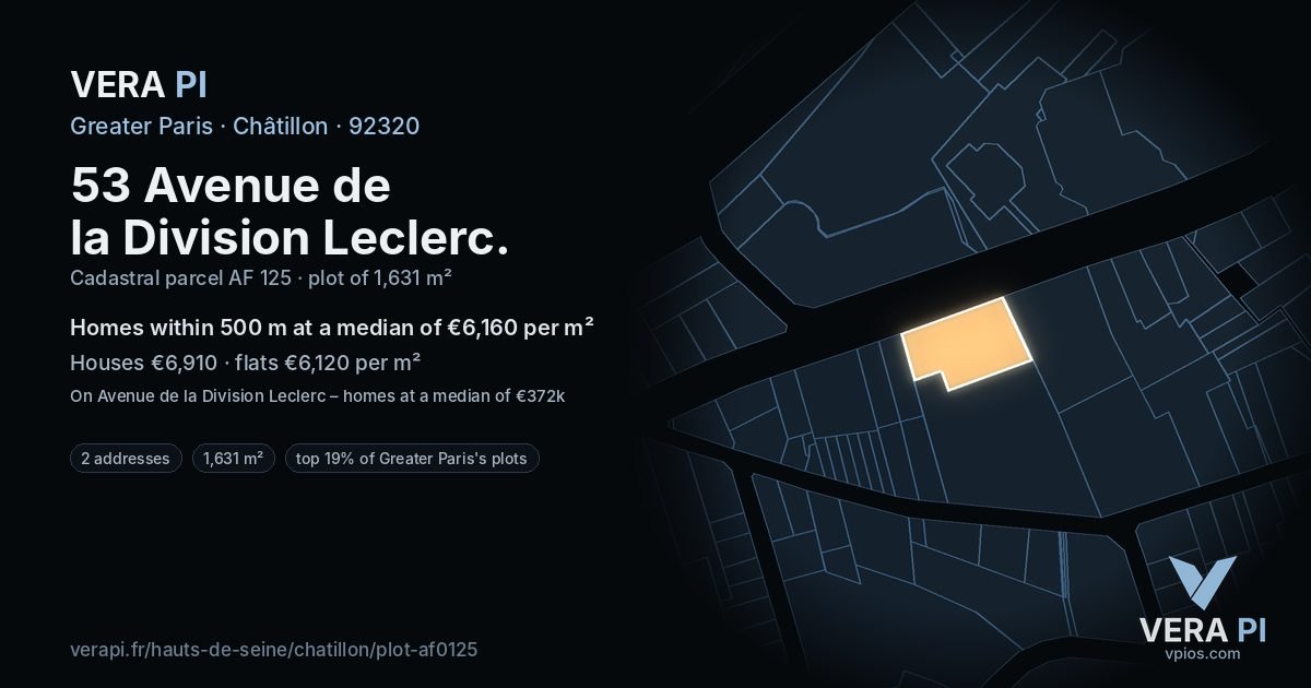 53 Avenue de la Division Leclerc, Châtillon at night – the plot lit, the parcels around coloured by the prices near them
