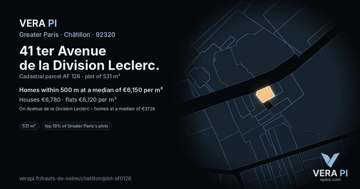 41 ter Avenue de la Division Leclerc, Châtillon at night – the plot lit, the parcels around coloured by the prices near them