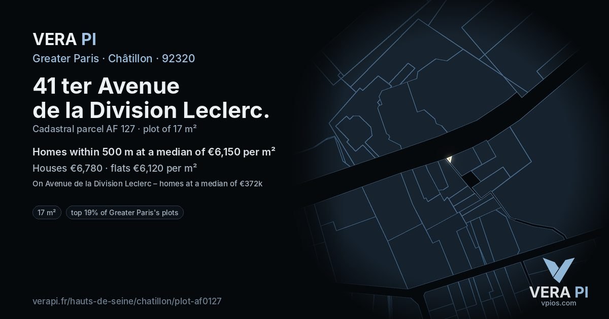 41 ter Avenue de la Division Leclerc, Châtillon at night – the plot lit, the parcels around coloured by the prices near them