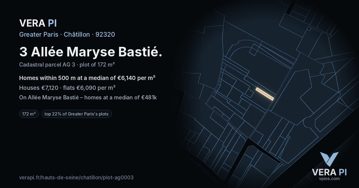 3 Allée Maryse Bastié, Châtillon at night – the plot lit, the parcels around coloured by the prices near them