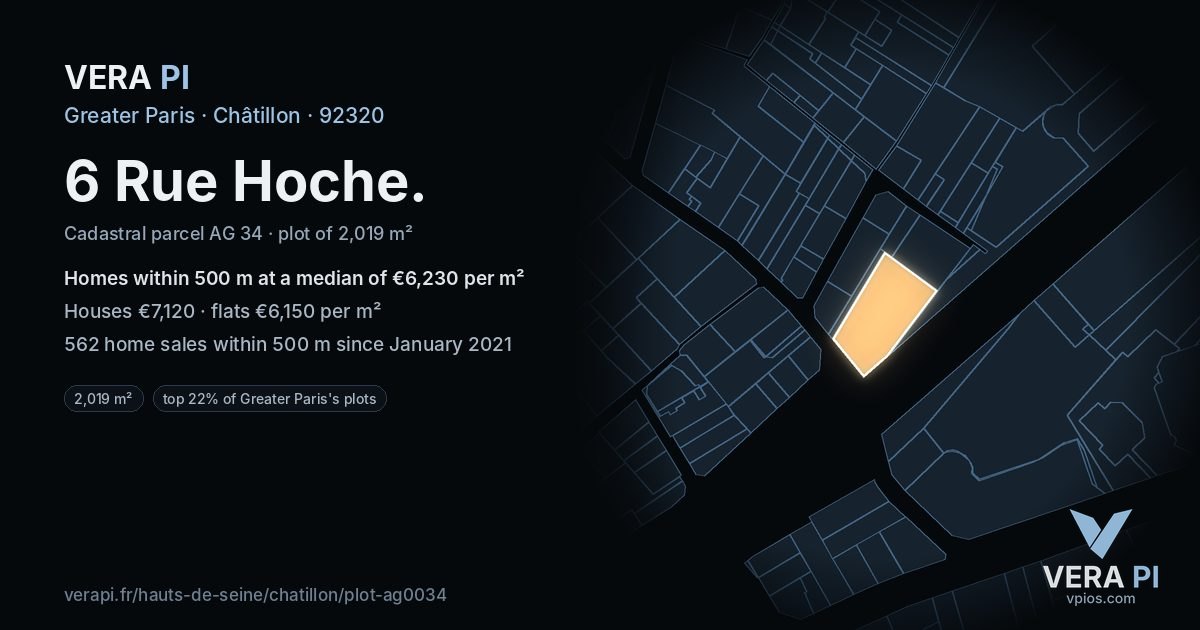 6 Rue Hoche, Châtillon at night – the plot lit, the parcels around coloured by the prices near them