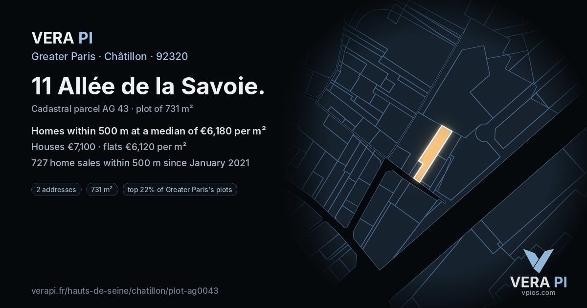 11 Allée de la Savoie, Châtillon at night – the plot lit, the parcels around coloured by the prices near them