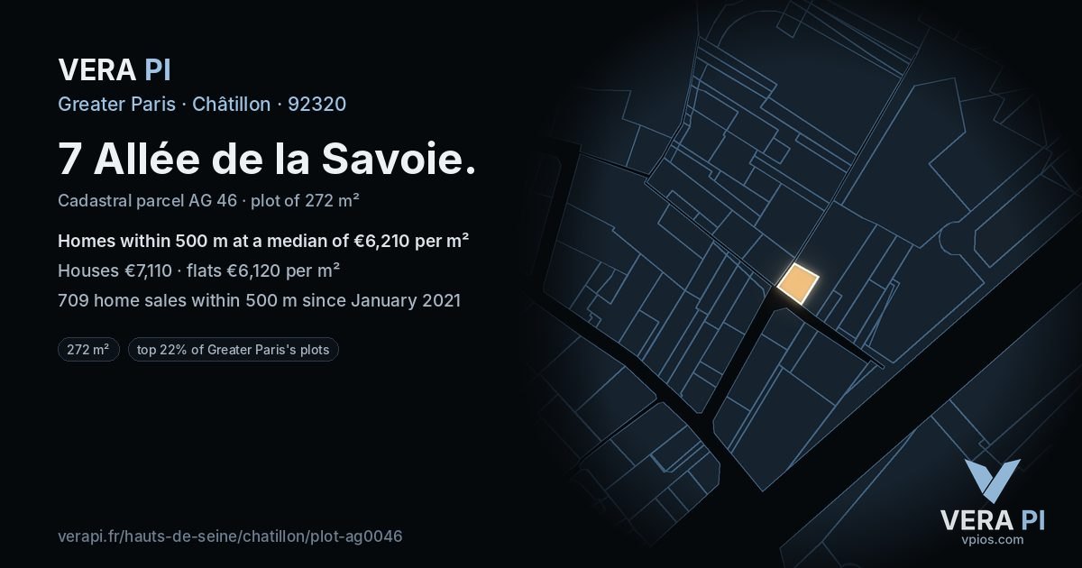 7 Allée de la Savoie, Châtillon at night – the plot lit, the parcels around coloured by the prices near them