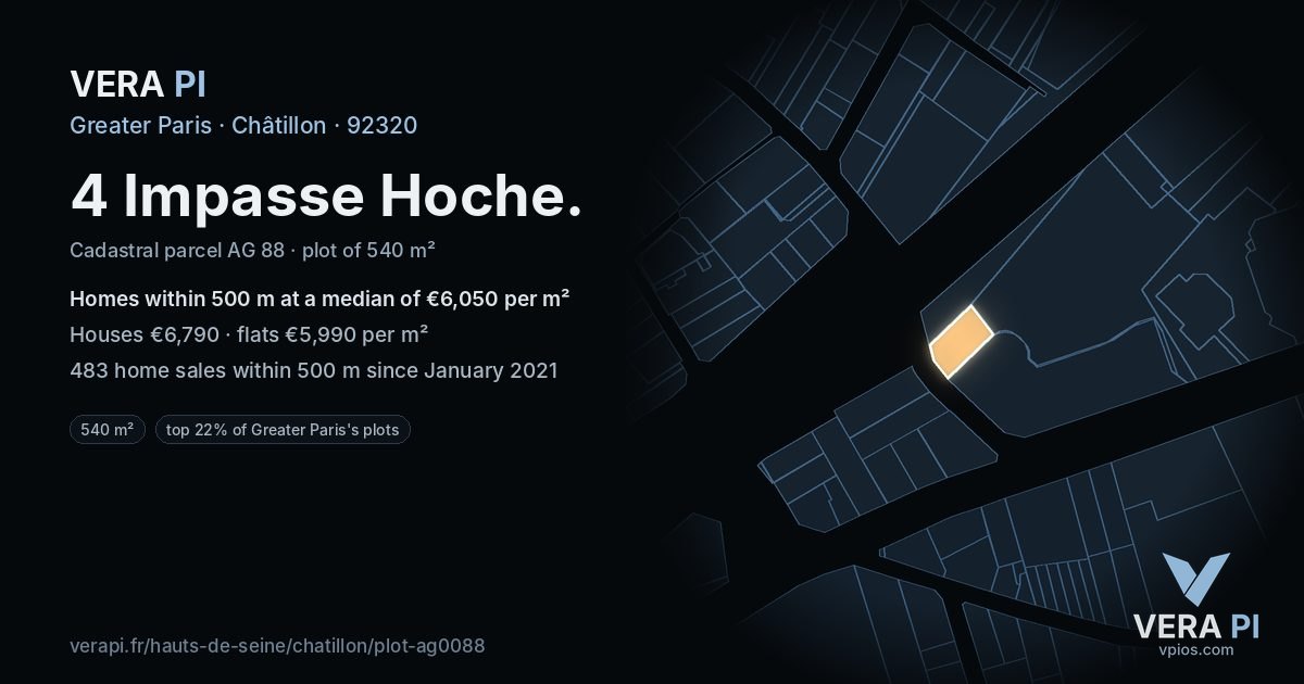 4 Impasse Hoche, Châtillon at night – the plot lit, the parcels around coloured by the prices near them