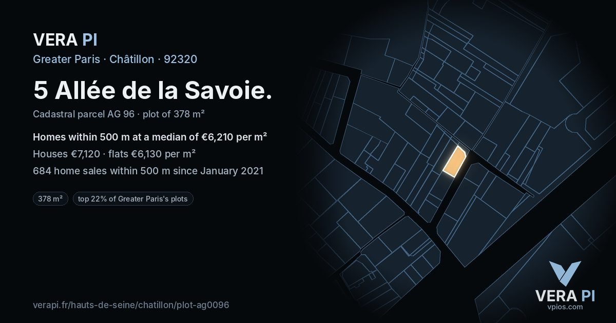 5 Allée de la Savoie, Châtillon at night – the plot lit, the parcels around coloured by the prices near them