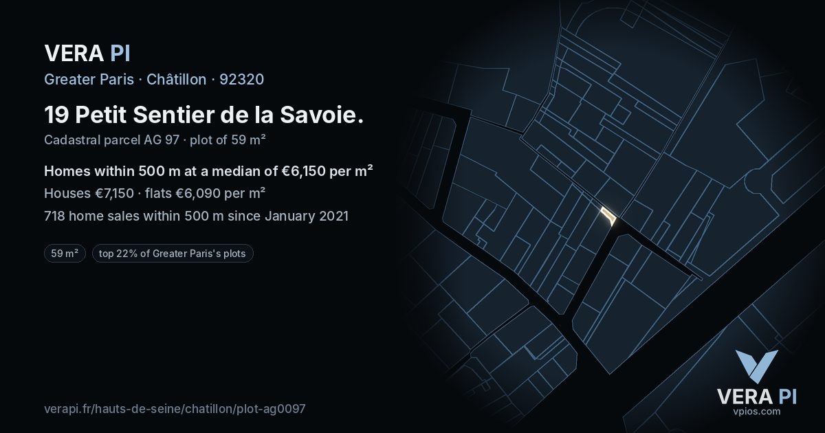 19 Petit Sentier de la Savoie, Châtillon at night – the plot lit, the parcels around coloured by the prices near them