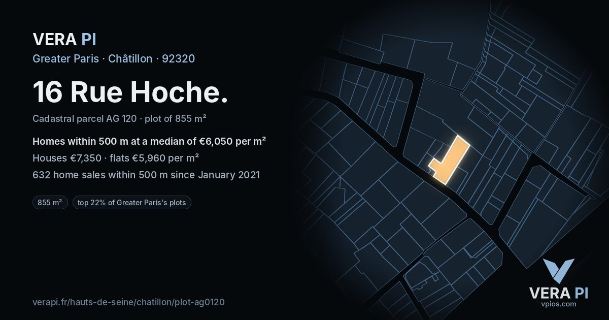 16 Rue Hoche, Châtillon at night – the plot lit, the parcels around coloured by the prices near them