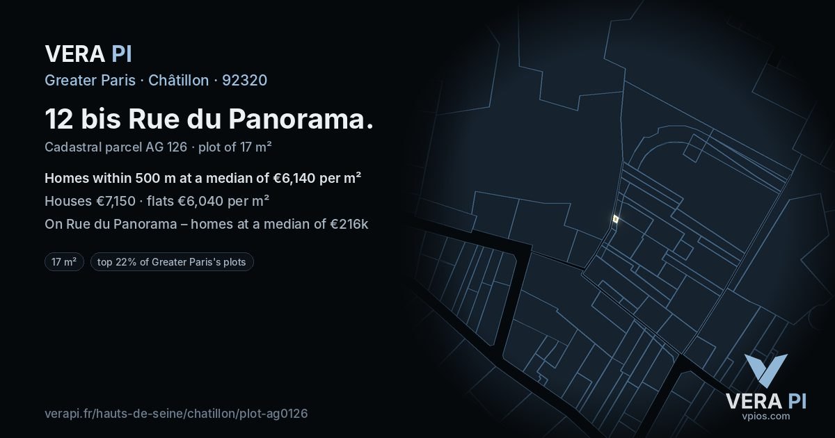 12 bis Rue du Panorama, Châtillon at night – the plot lit, the parcels around coloured by the prices near them