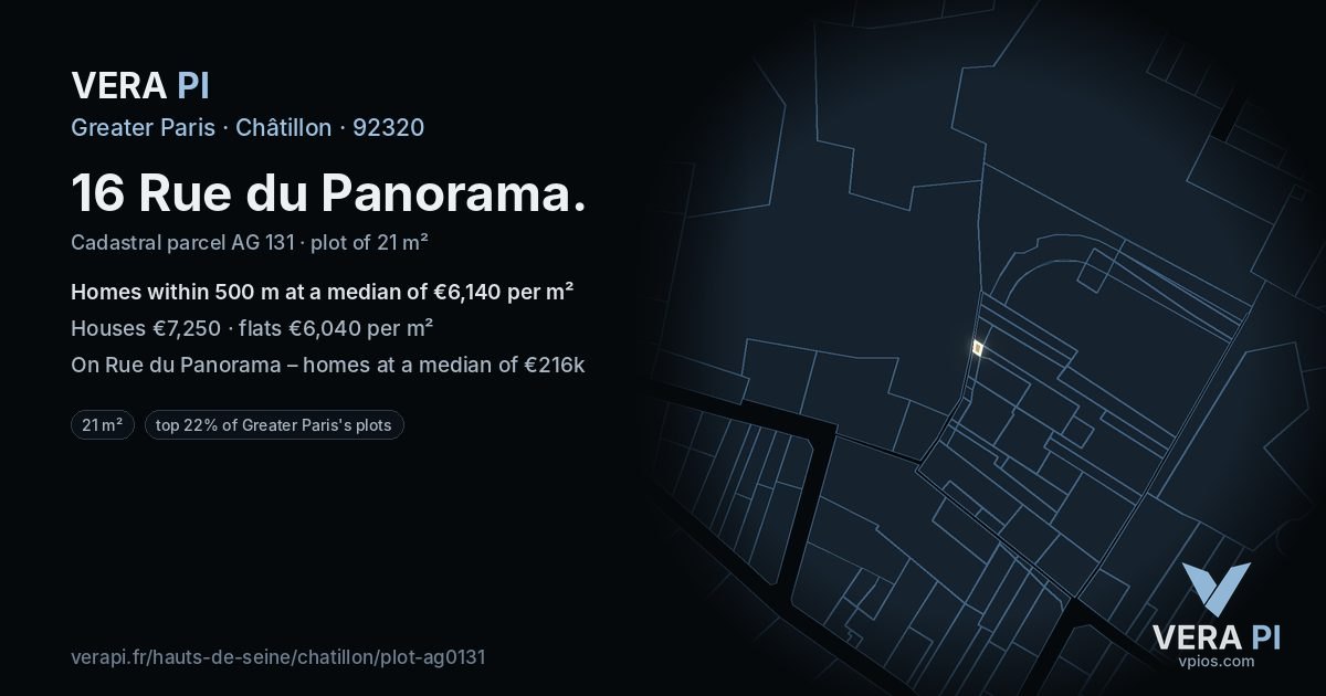 16 Rue du Panorama, Châtillon at night – the plot lit, the parcels around coloured by the prices near them