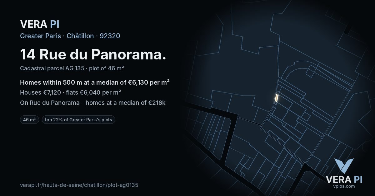 14 Rue du Panorama, Châtillon at night – the plot lit, the parcels around coloured by the prices near them