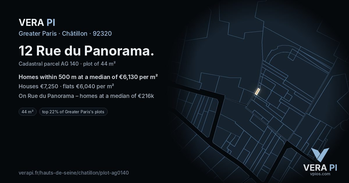 12 Rue du Panorama, Châtillon at night – the plot lit, the parcels around coloured by the prices near them