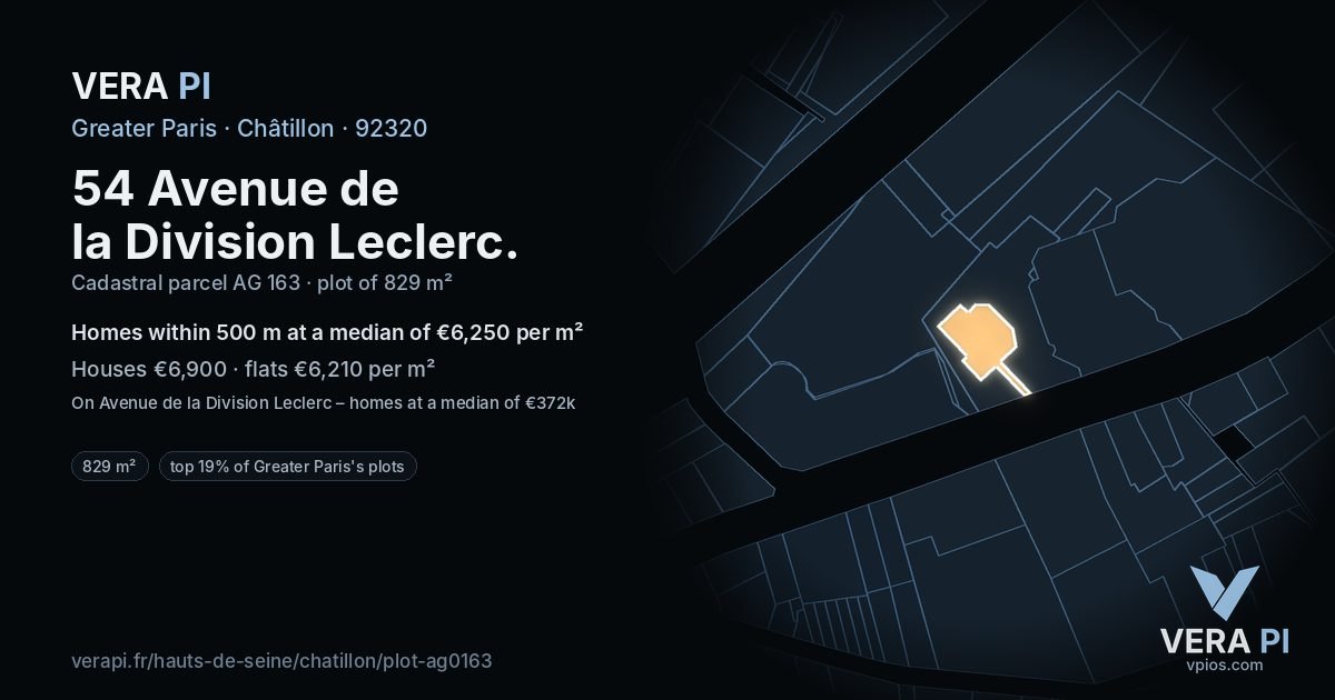 54 Avenue de la Division Leclerc, Châtillon at night – the plot lit, the parcels around coloured by the prices near them