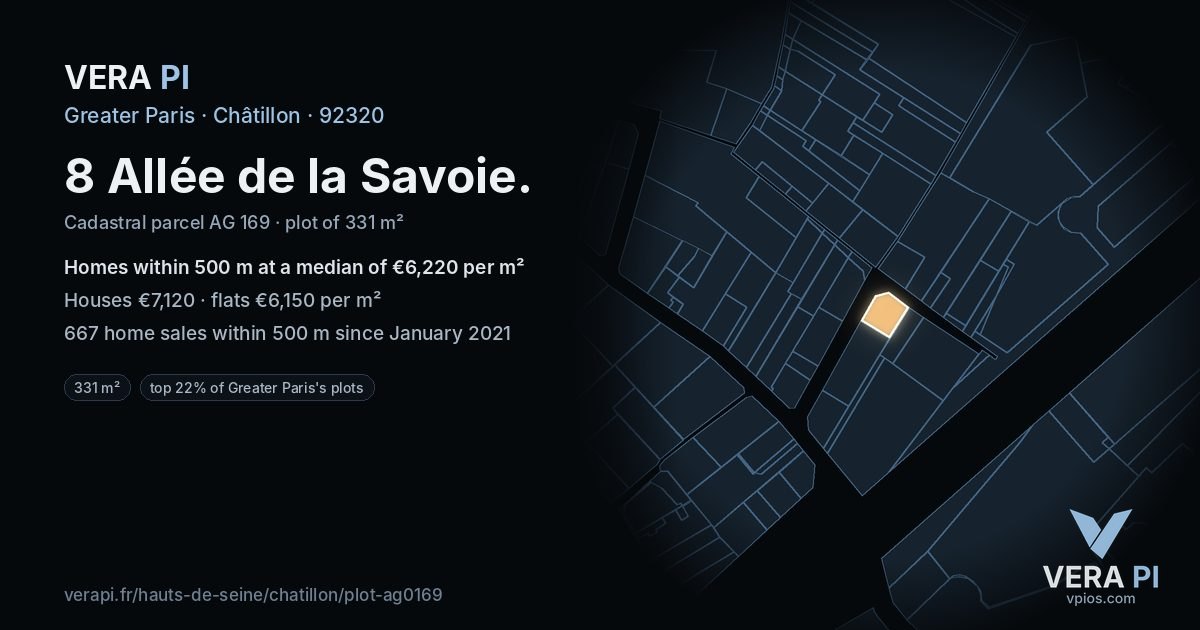 8 Allée de la Savoie, Châtillon at night – the plot lit, the parcels around coloured by the prices near them