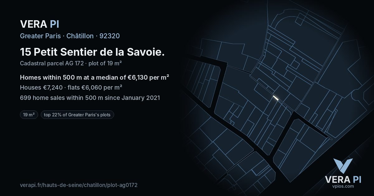 15 Petit Sentier de la Savoie, Châtillon at night – the plot lit, the parcels around coloured by the prices near them